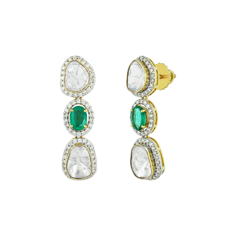 Oval Emerald Earrings with Polki & Diamond Halo Borders